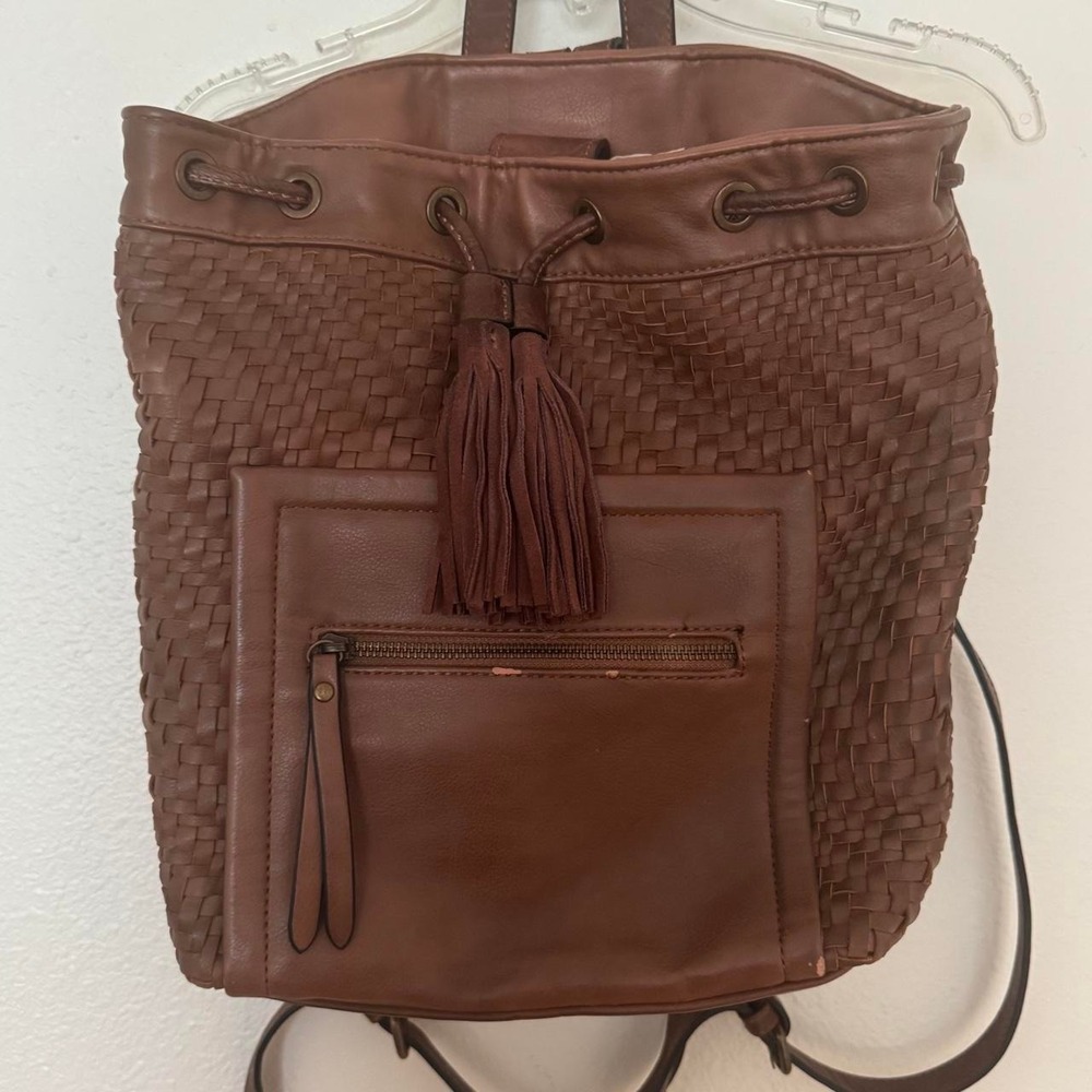 Altar'd State Brown Woven Faux Leather Drawstring Backpack fringe festival